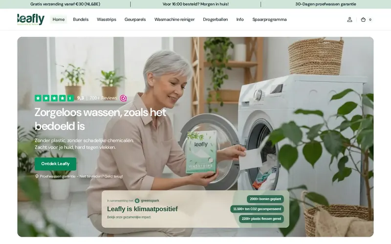 De webshop van Leafly, getoond op een breed scherm