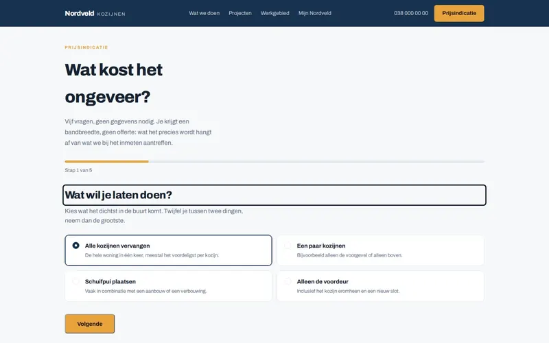 Voorbeeld van een offertegenerator waarmee een bezoeker zelf een prijsindicatie samenstelt, op een breed scherm