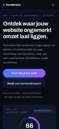 De website van RankMeister, getoond op een telefoon