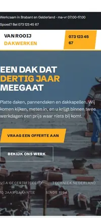 Ontwerp voor een dakdekkersbedrijf, getoond op een telefoon